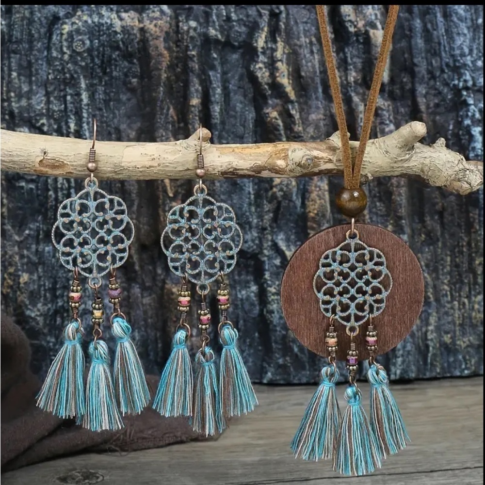 Blue and Brown Bohemian Tassel Earrings